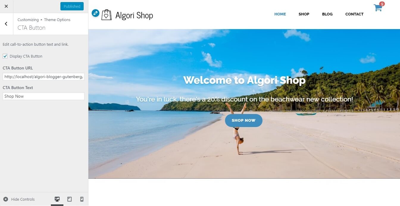 Editing the Front Page Header Image Call-To-Action Button Settings of Algori Shop Multi-Purpose WooCommerce WordPress Theme