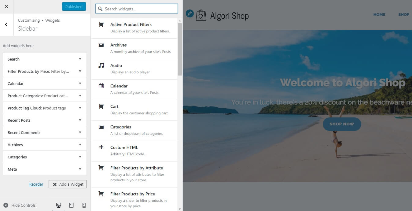 Editing the Sidebar Widgets of Algori Shop Multi-Purpose WooCommerce WordPress Theme